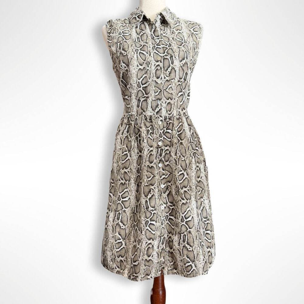 Laura Bianchi 100% Linen Python Print Button Down, Fit & Flare Dress, M
